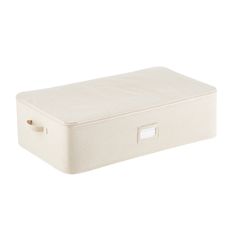 a white storage box with two handles