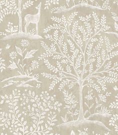 an animal and tree wallpaper with white paint on grey paper, it looks like something from the past