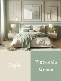 a bed room with a neatly made bed and pictures on the wall above it that say pestachio green