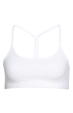 Slim racerback straps enhance the sporty, modern style of a space-dyed sports bra that's ideal for medium-impact activities. 10 1/2" length (size Medium) Medium-impact support Lined 87% polyester, 13% Lycra® spandex Machine wash, tumble dry Made in the USA of imported fabric Women's Clothing Exercise Outfits, Yoga Space, White Bra, Aerial Hoop, White Bras, White Sports Bra, Racerback Bra, Racerback Sports Bra, Beyond Yoga