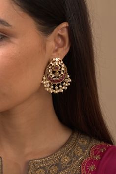 18kt gold plated 92.5 silver chandbalis with vellore polki, semi precious ruby and freshwater pearl embellishments. - Aza Fashions Red Polki Jewellery, Polki Jewellery Jaipur, Polki Jewellery, Kundan Earrings, Jewellery Earrings, Ruby Stone, Earrings Red, Aza Fashion