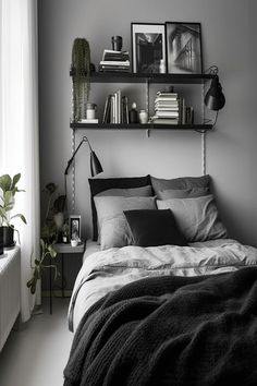 Bedroom with open shelving in black and grey tones. Grey Bedroom Walls, Grey Boys Bedroom, Gray Bedroom Decor, Boys Bedroom Grey, Monochromatic Bedroom, Small Grey Bedroom