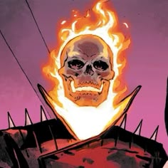 a skeleton with flames on its face in front of a purple sky