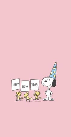 a cartoon dog wearing a party hat and holding up signs with the words happy new year