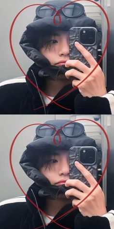 two pictures of a person taking a selfie in front of a mirror with heart shaped frames