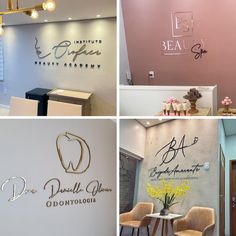 four different logos on the wall of a dental office, with chairs and tables in front of them