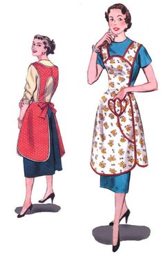 two women in aprons are standing next to each other, one is wearing an apron