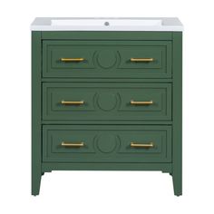 a green cabinet with two drawers and a white sink