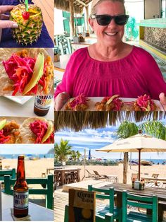 a collage of pictures with food and drinks on the beach, including pineapples