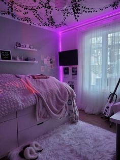 a bedroom with purple lighting and white fur rugs on the floor, along with a bed in front of a window