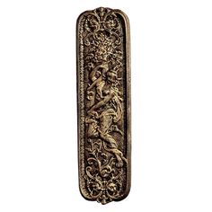 an ornate metal door handle with a woman and flowers on the front, against a white background