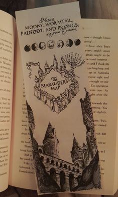 an open harry potter book with hogwart's castle and moon images on it