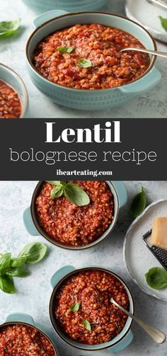 lentil bologgeese recipe in blue bowls with basil leaves on the side