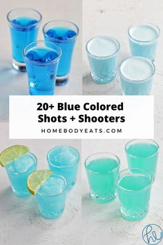 blue colored shots and shot glasses with lemon wedges on the side, all in different colors