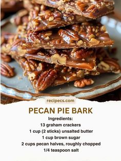 pecan pie bark recipe on a plate with instructions to make it in the background