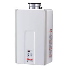 a tank type water heater with thermostaer on it's side