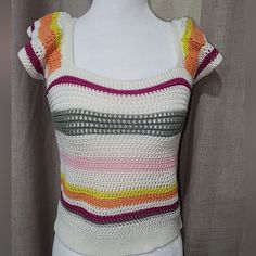 Super Cute Cream-Colored Sweater With Green, Yellow, Orange, Pink, And Fuchsia Stripes. 100% Cotton. Brand New Without Tags. Size Medium 10/12 Cute White Knit Top, Playful Multicolor Knitted Tops, Multicolor Knit Short Sleeve Sweater, Multicolor Knit Sweater With Short Sleeves, Playful Knitted Tops For Spring, Multicolor Short Sleeve Knit Sweater, Casual Knitted Multicolor Tops, Playful Multicolor Knit Tops, Striped Knitted Cotton Top