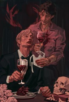 two men sitting at a table with wine glasses in their hands and skulls around them