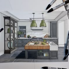 a drawing of a kitchen with an island in the middle and hanging lights above it