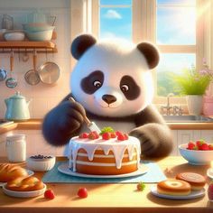 a panda bear sitting at a table with a cake in front of him and other food on the counter