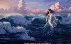 a painting of a woman standing in the ocean