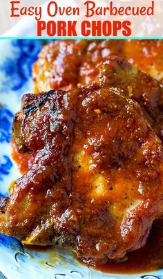 oven baked pork chops on a blue and white plate with the title overlay