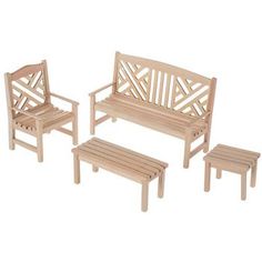 three wooden benches and two stools on a white background