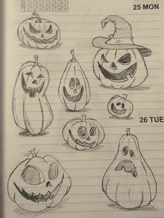 some drawings of pumpkins and jack - o'- lantern faces on lined paper