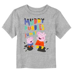 Join Peppa, her family, and friends for adventures, friendships, learning, and more, with new officially licensed apparel for the whole family from the long-running British animated children's series Peppa Pig! This cute Peppa Pig Muddy Puddles Jump Toddlers' Graphic T-Shirt features Peppa Pig alongside George and the text: "Muddy Puddles Jump," in colorful letters across the top. Grab some Peppa Pig apparel for the youngest member of the family today and get in on the fun! Peppa Pig Muddy Puddles, Puddle Jumping, Peppa Pig George, Peppa Pig Family, Christian Birthday, Toddler Socks, Graphic Tee Design, Peppa Pig, Boys T Shirts