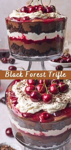 black forest trifle cake with cherries and whipped cream on top, topped with chocolate shavings