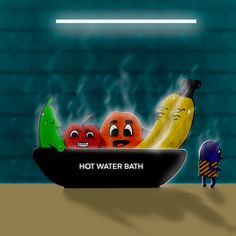 an animated image of hot water bath with fruits and vegetables in it, as well as a cartoon character