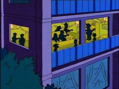 the silhouettes of people are reflected in the windows of an office building at night