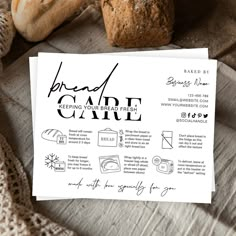 bread and baked goods are displayed on a table with the words bread care written in black