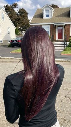 Dark Red Hair Color Burgundy Deep, Long Plum Hair, Loreal Burgundy Hair Color, Dark Cherry Coke Hair, Plum Hair With Blonde Highlights, Straight Burgundy Hair, Burgundy Long Hair, Plum Brown Hair Color