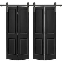 two black doors open to reveal the same room