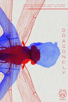 a poster with the words dragonfly written in red and blue on it's side