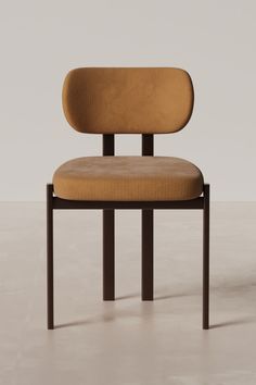 an upholstered chair with a brown fabric seat and back, viewed from the front