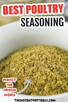 the best poultry seasoning recipe is in a white bowl with an arrow pointing to it