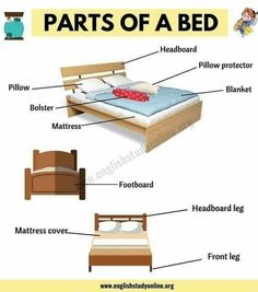 parts of a bed labeled in english with pictures and description for each part on it