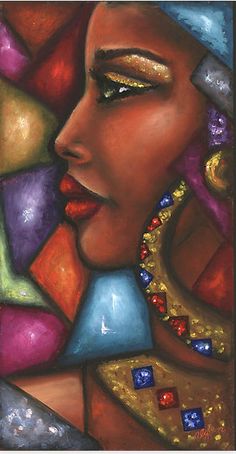 a painting of a woman's face with colorful jewelry