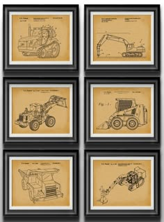 four framed drawings of construction vehicles and machinery, each with an image of a bulldozer