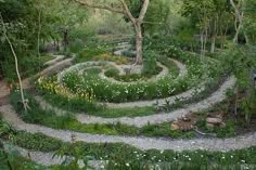 a circular garden design in the middle of a forest filled with trees and flowers, surrounded by gravel paths