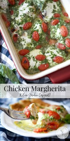 chicken margherita with pesto and mozzarella in a casserole dish