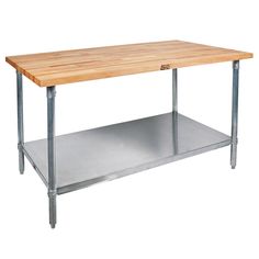 a wooden table sitting on top of a stainless steel shelf next to a white wall