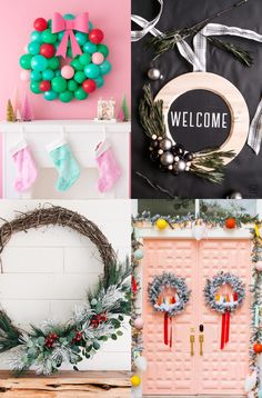 christmas decorations and wreaths are featured in this collage with the words welcome on it