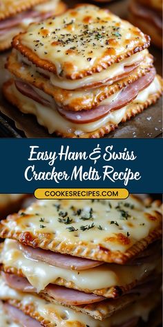 ham and swiss cracker melts recipe on a baking sheet with text overlay