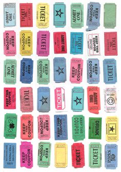 colorful tickets are arranged in rows on a white background with the words ticket written below them