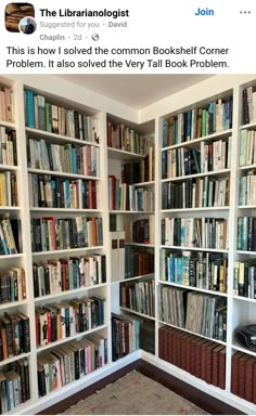 a room filled with lots of books on top of white shelves