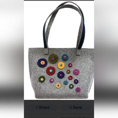 an image of a handbag with buttons on the front and back side, in grey felt