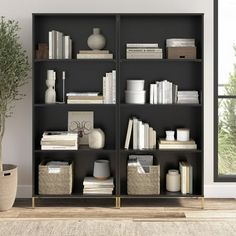 a black bookcase filled with lots of books next to a potted plant on top of a hard wood floor